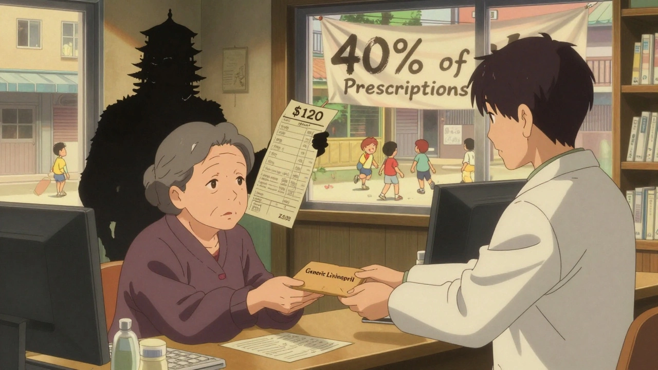 An elderly woman receiving a generic pill envelope at a pharmacy, with a towering 0 invoice in the background.