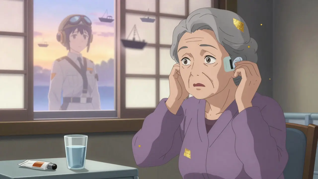 An elderly woman removing a scopolamine patch in a hospital room, surrounded by swirling disorienting visions.