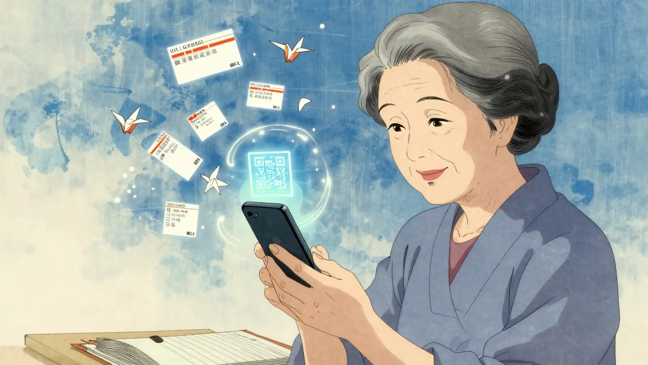 An elderly woman scanning a prescription label, digital medication info floating around her like paper cranes in soft blue tones.