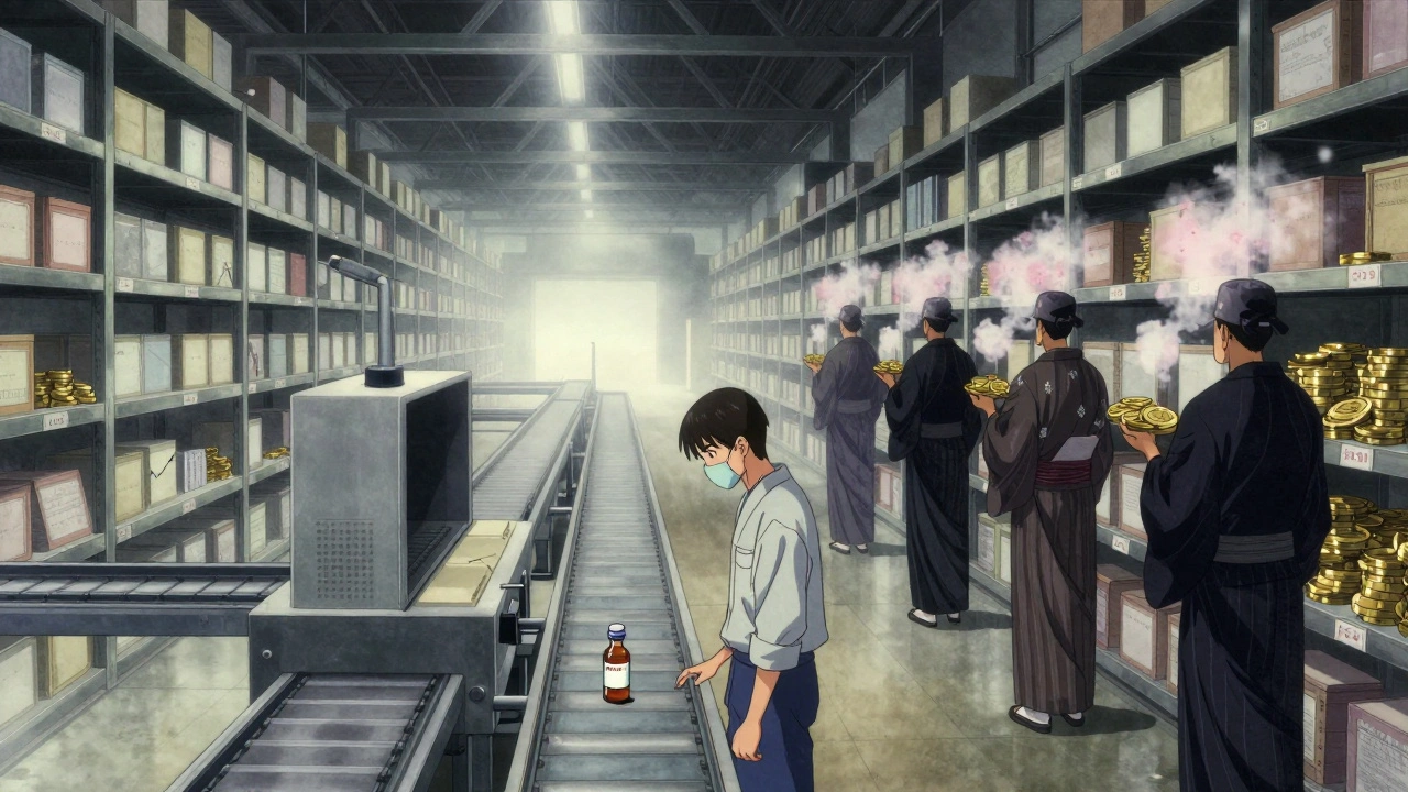 An empty warehouse with one working conveyor belt carrying a single vial, while shadowy figures count coins in the background.