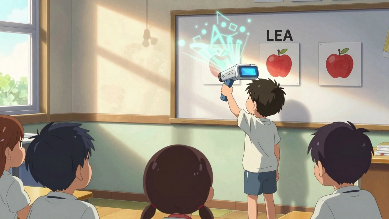 Child identifying an apple symbol on a vision chart while a blinq™ scanner glows above.