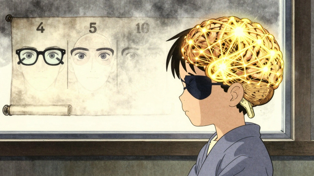 Child with eye patch beside a glowing neural network representing vision recovery over time.