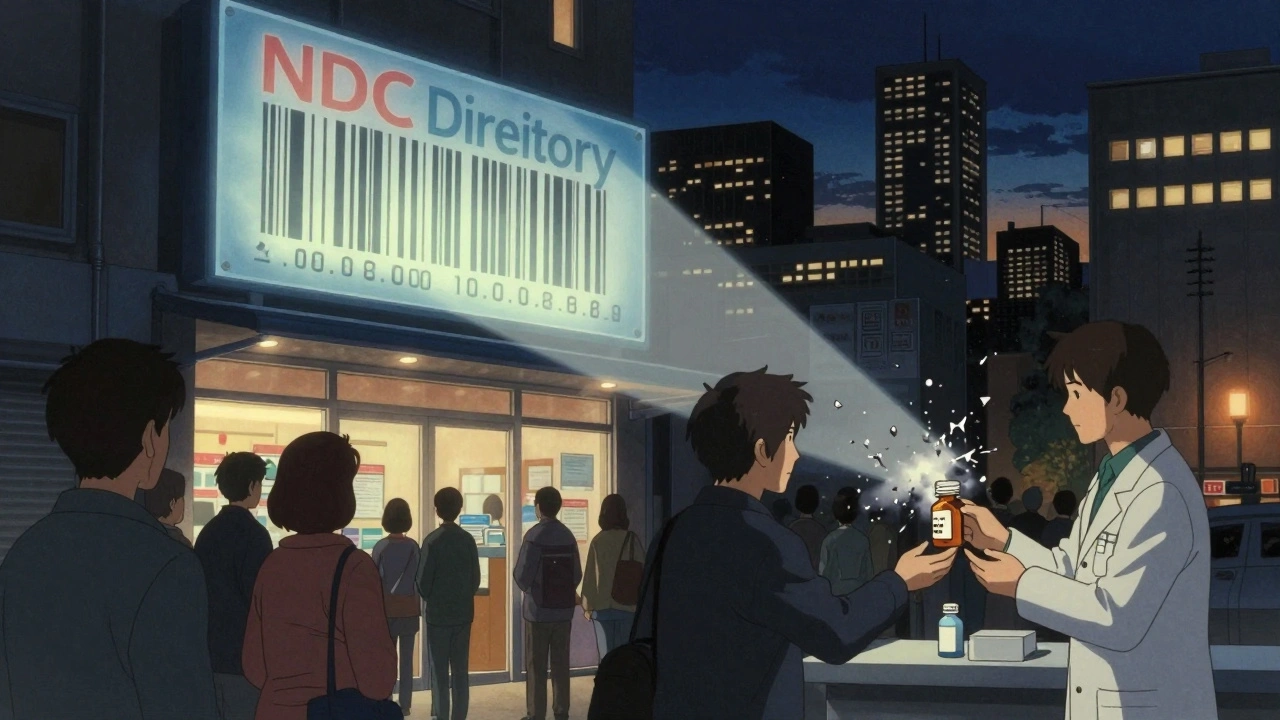 City skyline with a floating FDA NDC Directory screen scanning verified medications at a pharmacy.