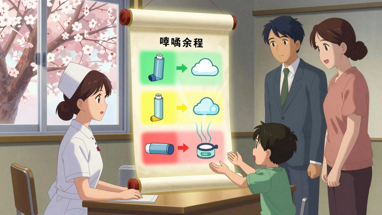 Color-coded asthma care plan floating above school nurse&#039;s desk with cherry blossoms