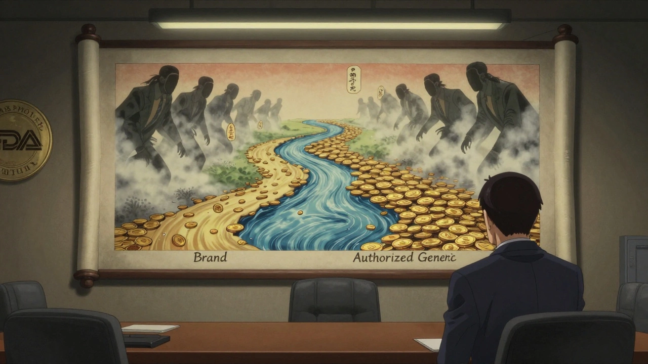 Corporate boardroom with split river painting symbolizing brand and generic drug markets.