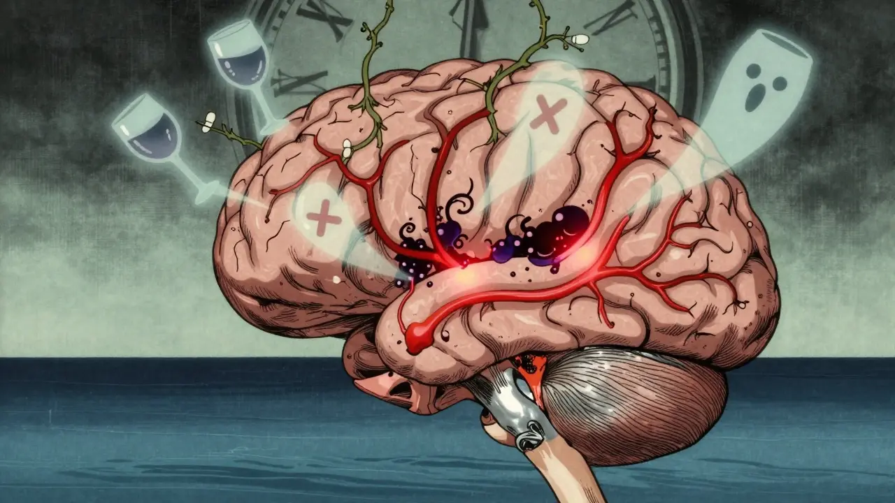 Cross-section of a brain with scopolamine blocking neural signals as sedatives invade like vines.