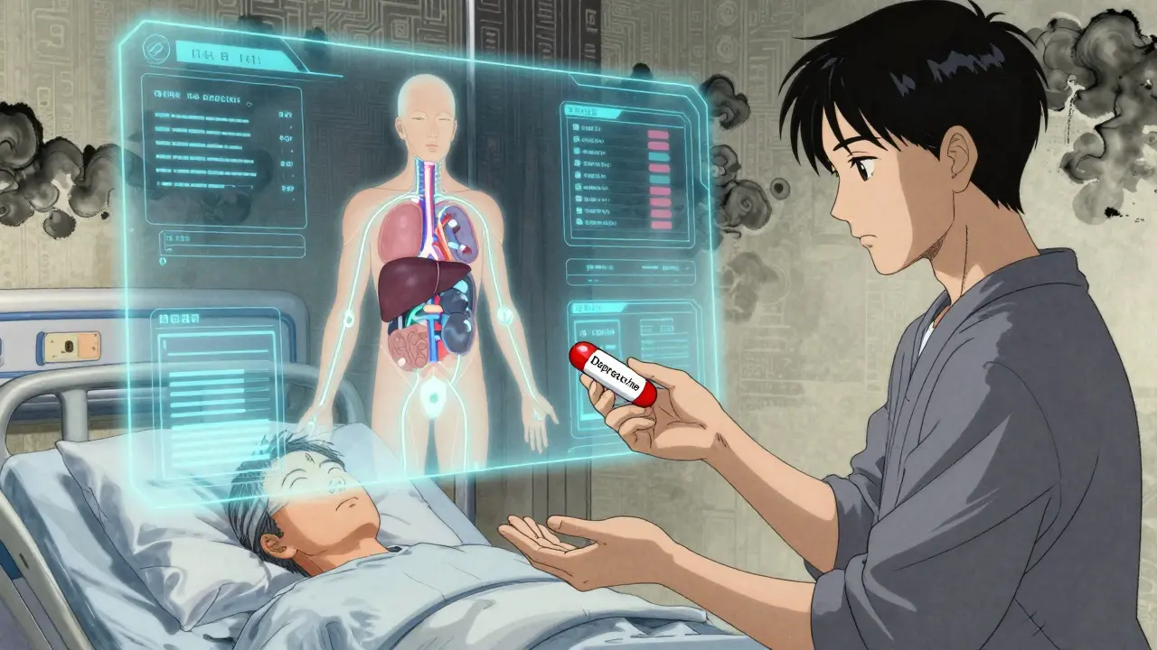 Digital interface showing blocked drug pathways in a patient's body, AI avatar offering deprescribing pill, ink and circuit blend.
