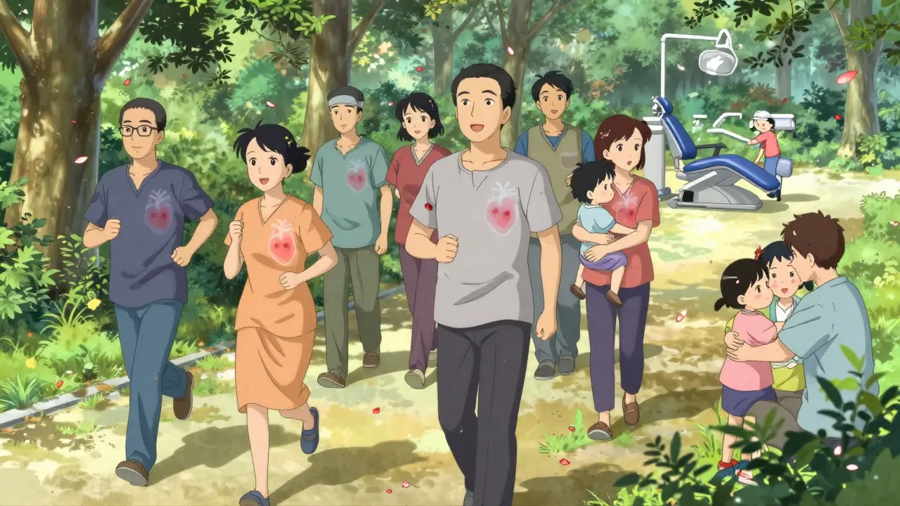 Diverse patients enjoy daily life in a park, with faint heart-stent overlays and falling red petals, representing safe, personalized antiplatelet therapy.