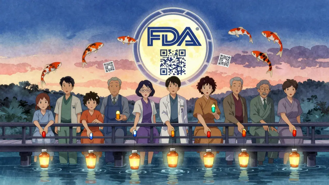 Diverse patients releasing generic pills as lanterns over a river of medicine bottles.