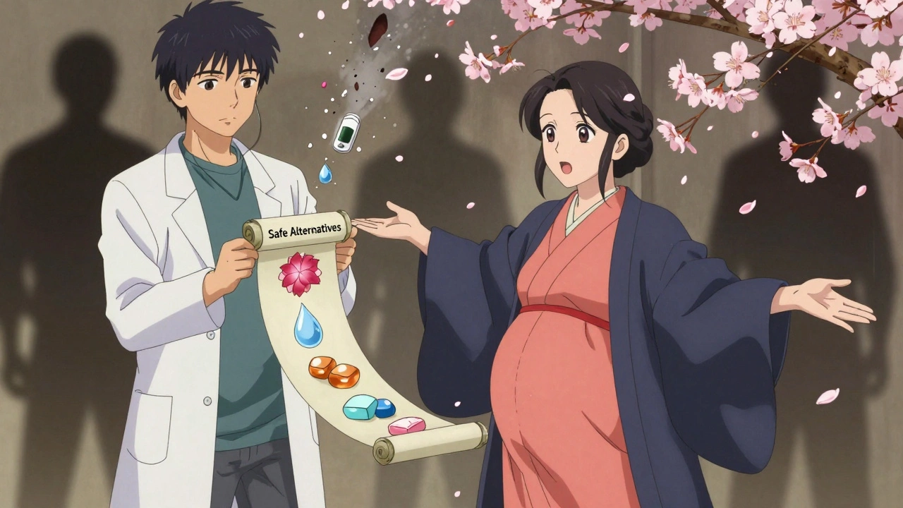 Doctor presents safe pregnancy alternatives as banned drugs turn to ash among petals.