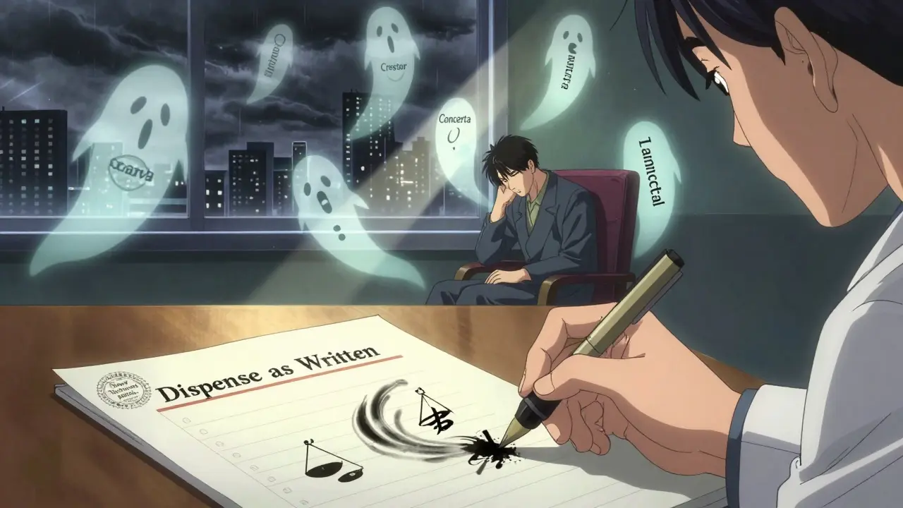 Doctor writing 'Dispense as Written' on a prescription while ghostly branded pills float around a distressed patient.