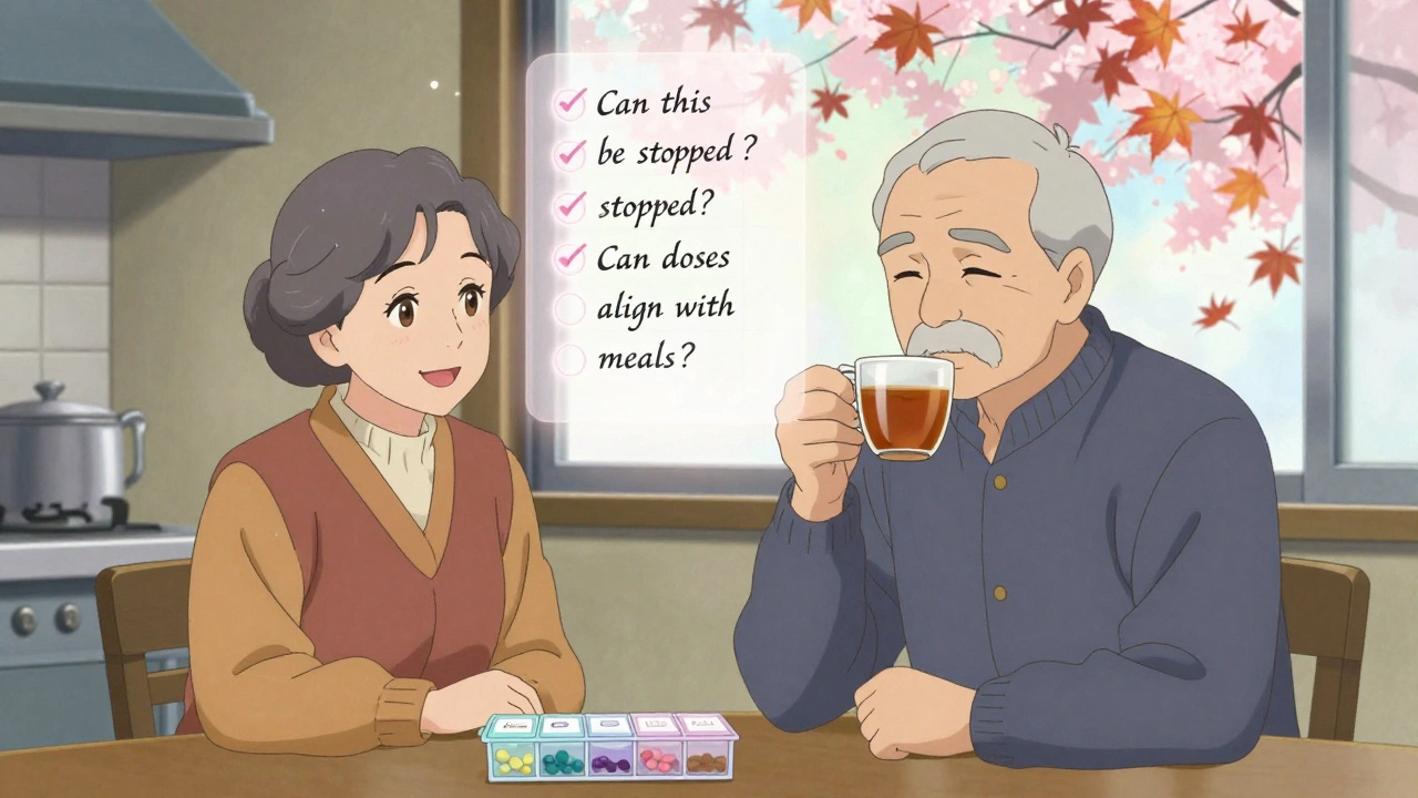 Elderly couple in kitchen with simple pill organizer, floating checklist in elegant calligraphy, peaceful autumn scene.