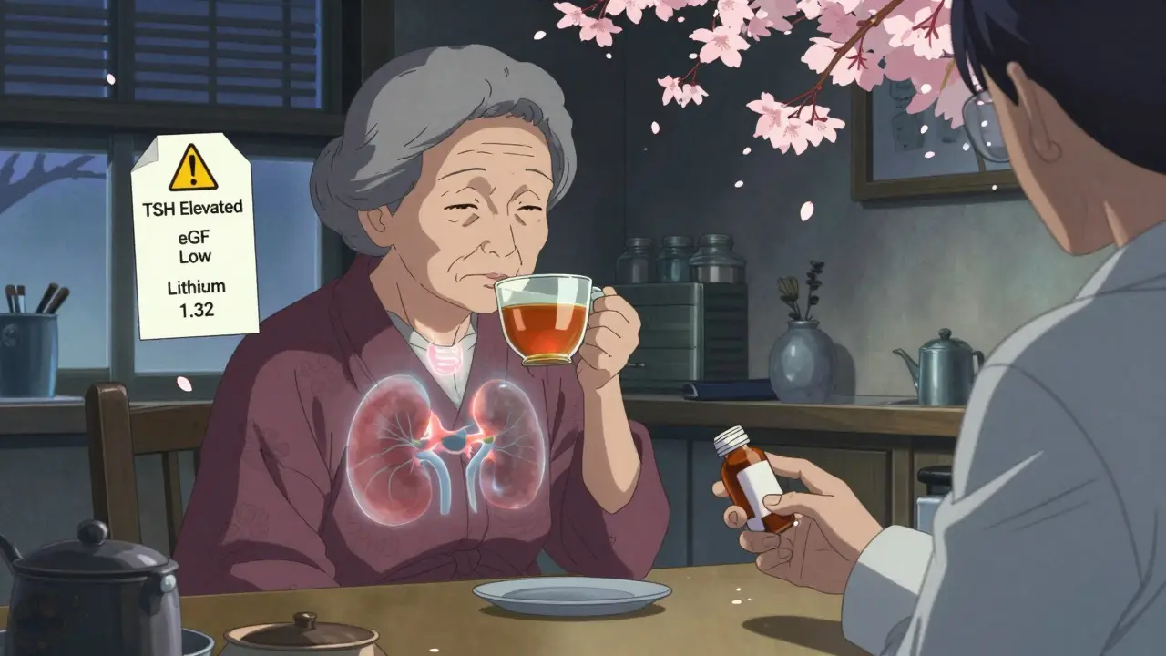 Elderly woman with spectral kidney and thyroid indicators, warning symbols floating nearby.