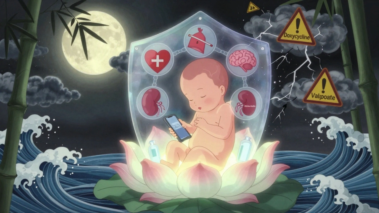 Fetus protected by a shield of safe medications and support symbols under moonlit bamboo.