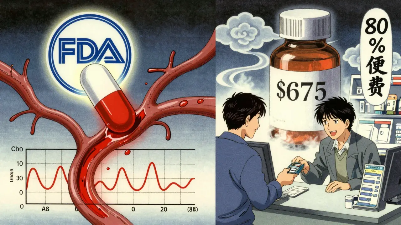 Generic pill dissolving in bloodstream with FDA seal and price comparison in ukiyo-e style.