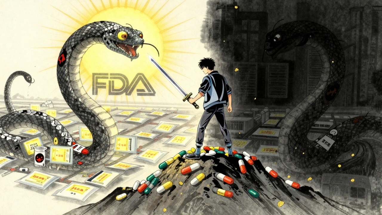 Hero wielding a barcode sword defeating a serpent of counterfeit drugs under a rising FDA sun.