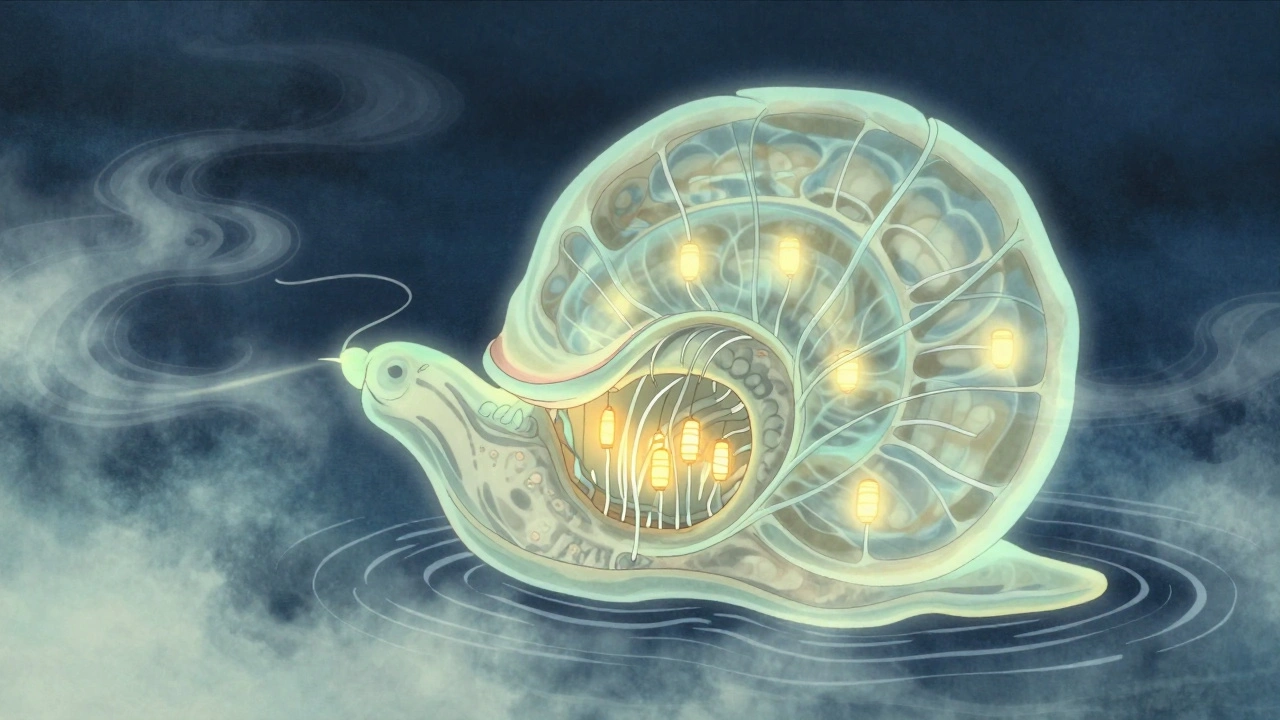 Inner ear cochlea with delicate hair cells dimming like lanterns in ink-wash style.