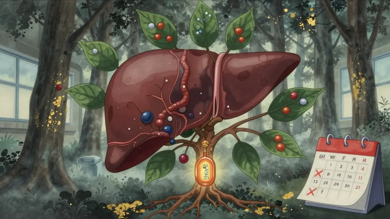 Liver cells with enzyme dragon consuming hormones, copper IUD glowing like a talisman in misty forest.