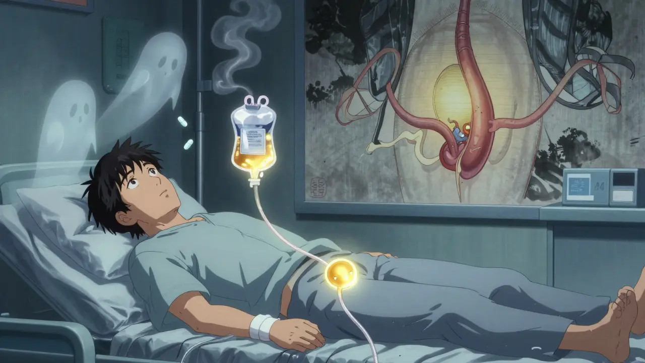 Man catheterized in ER, golden urine stream flowing peacefully, decongestant pills dissolving into smoke, prostate like a lantern.