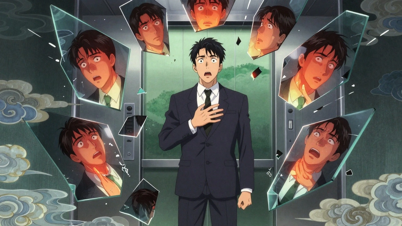 Man in elevator surrounded by fractured mirrors reflecting panic symptoms, calm landscape beyond.