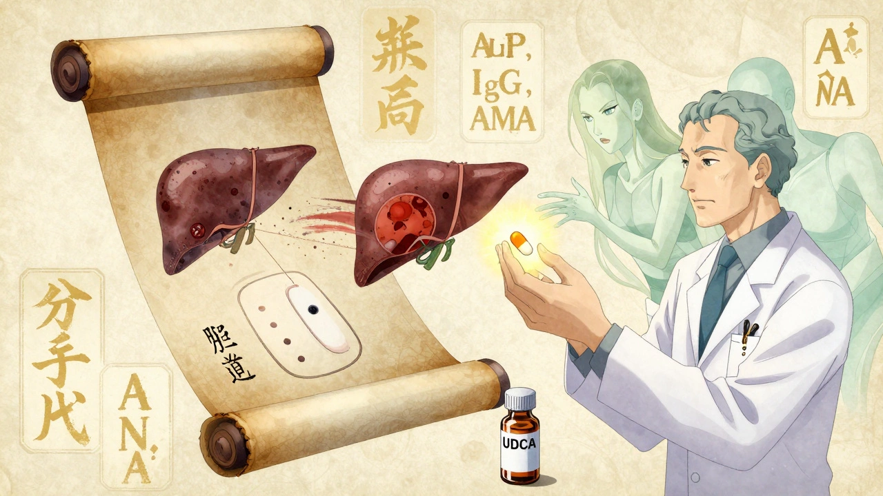 Medical scroll transforming into a biopsy slide with glowing diagnostic markers, representing autoimmune liver overlap.