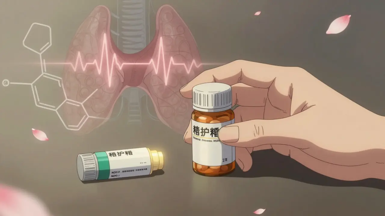 Patient holding pill bottle with glowing NDC code beside a differently colored generic, thyroid symbol pulsing gently.