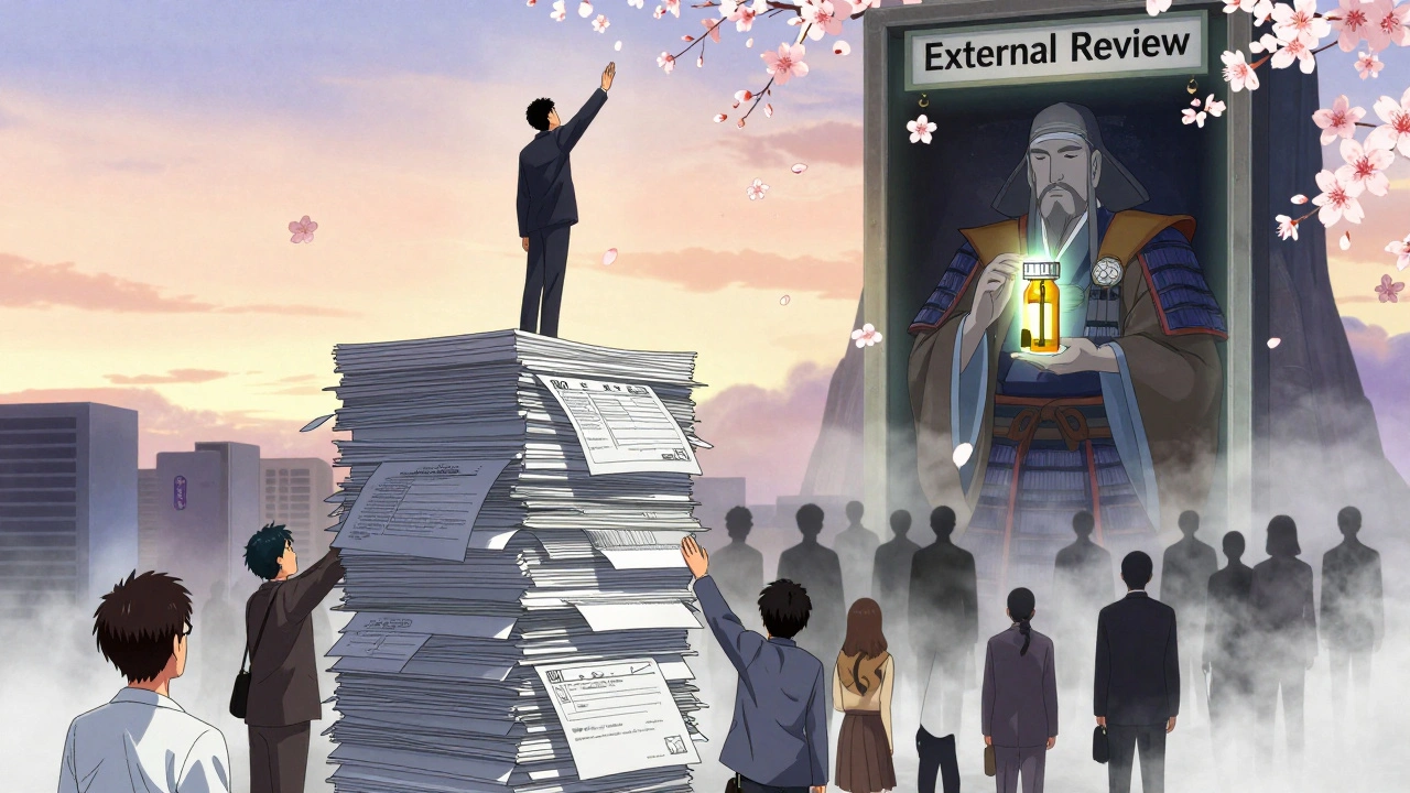 Person climbing denial papers toward a glowing external review portal guided by a guardian in samurai armor.