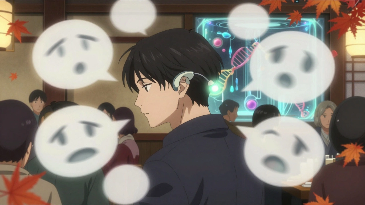 Person in noisy restaurant with distorted speech bubbles and glowing hearing aid nearby.