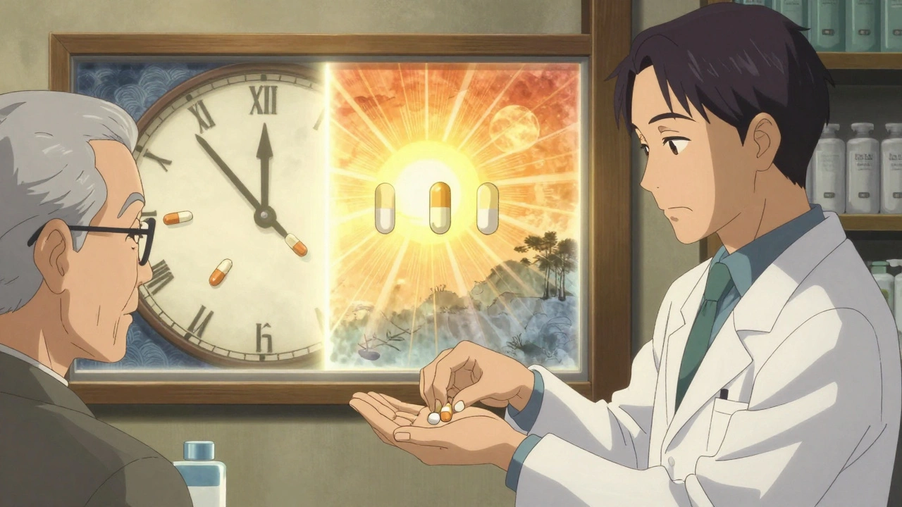 Pharmacist handing a single combination pill to an older man, with a glowing before-and-after visual of simplified dosing.