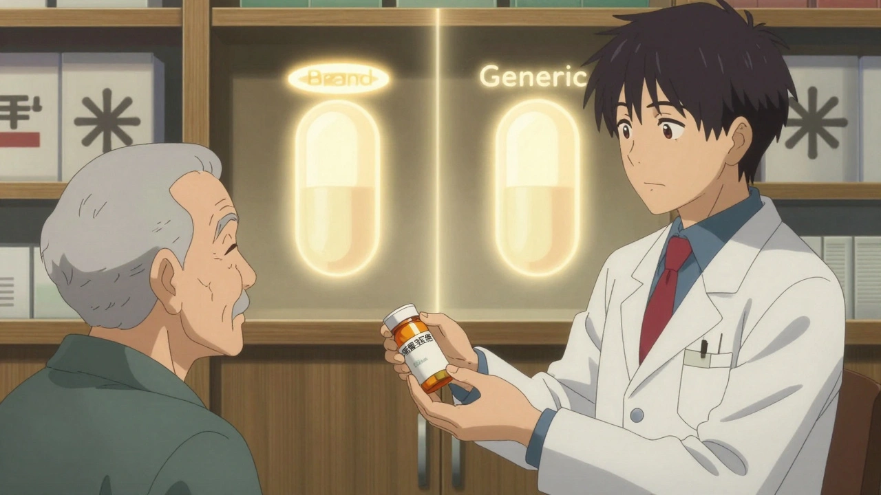 Pharmacist handing an authorized generic pill bottle to a patient, with glowing identical pills beside them.