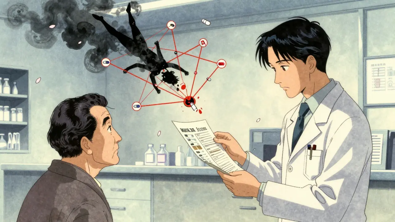 Pharmacist reviewing meds with floating web of dangerous drug interactions, cherry blossoms falling, ink-wash anime style.