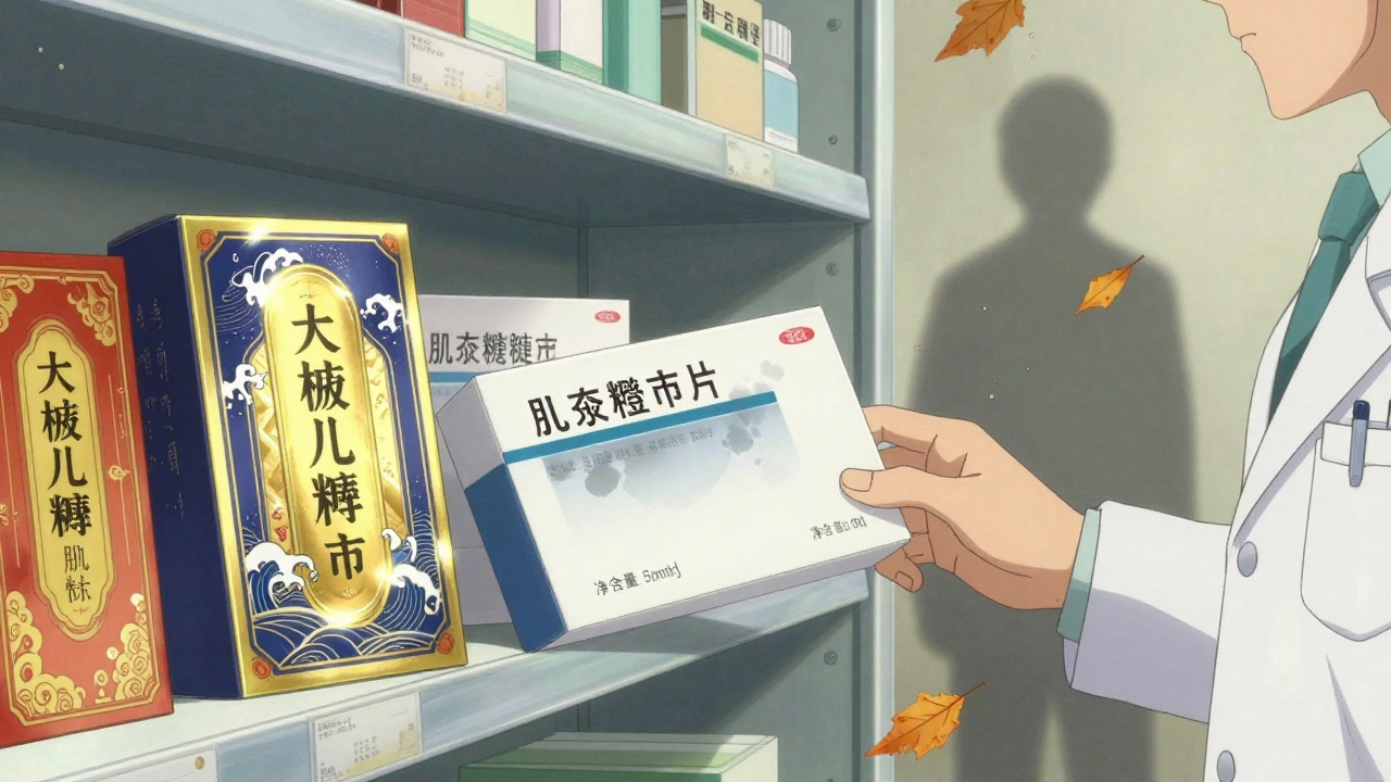 Pharmacy shelf divided: branded drug in ornate packaging vs. plain generic, same pills, different labels.