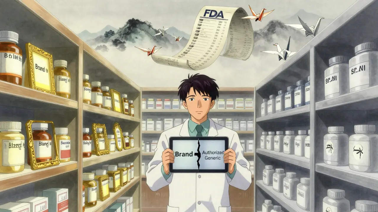 Pharmacy shelf split between branded and authorized generics, pharmacist holding split tablet, FDA list as paper cranes.