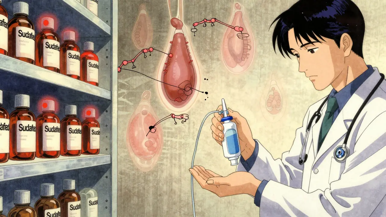 Pharmacy shelf with dangerous decongestants glowing red, contrasted with safe alternatives in a man’s hand, medical symbols floating.