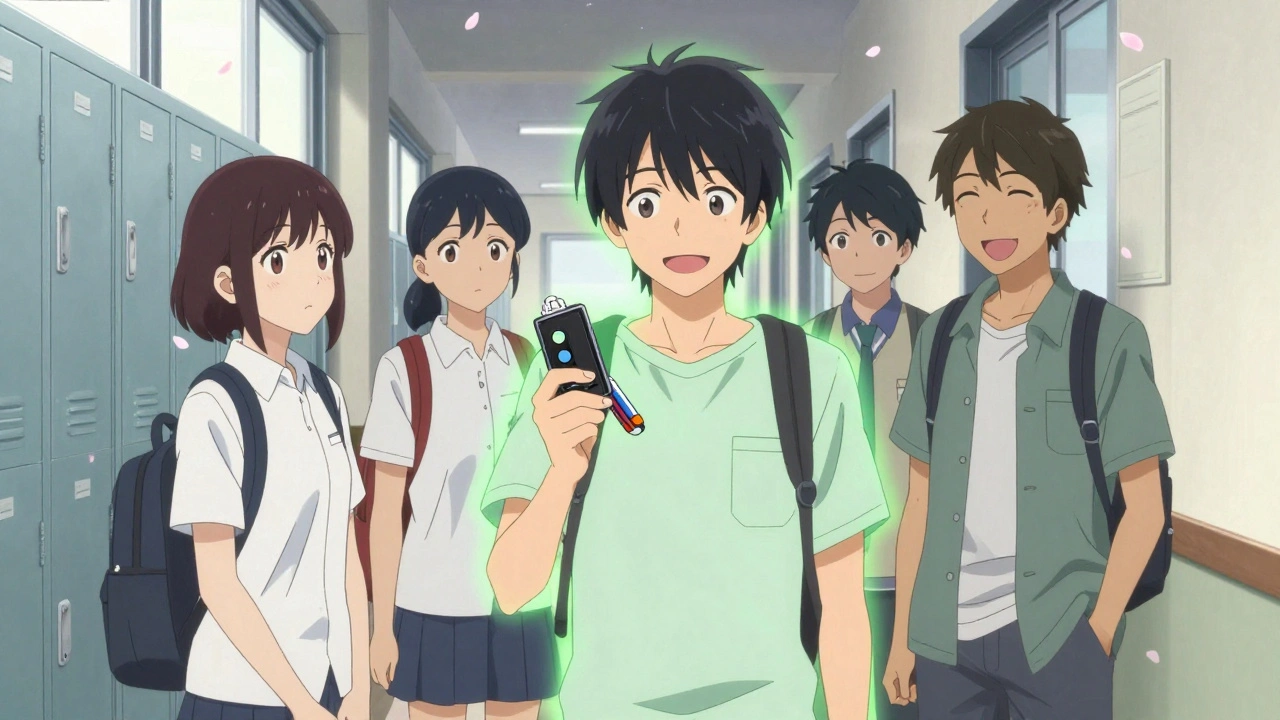 Teens with compact spacers in pencil cases, peer support in school hallway