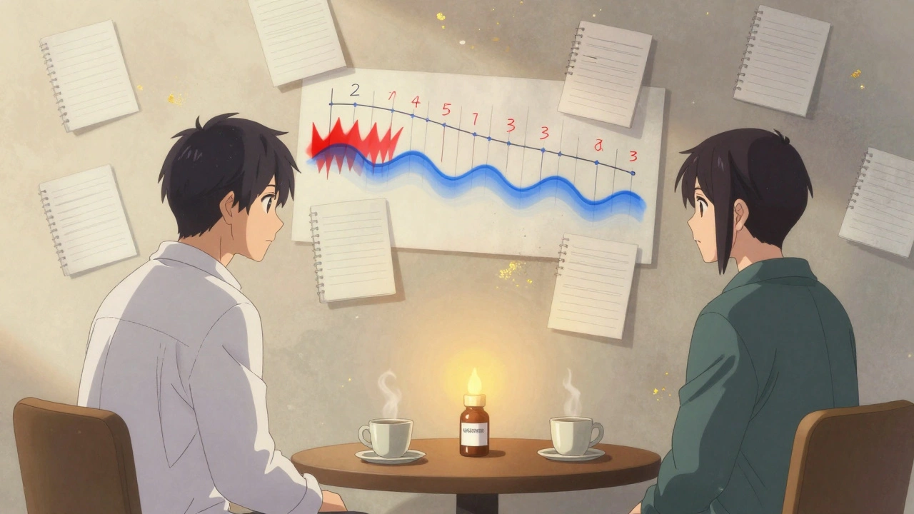 Therapist and patient beside floating panic diary timelines, venlafaxine bottle on table.