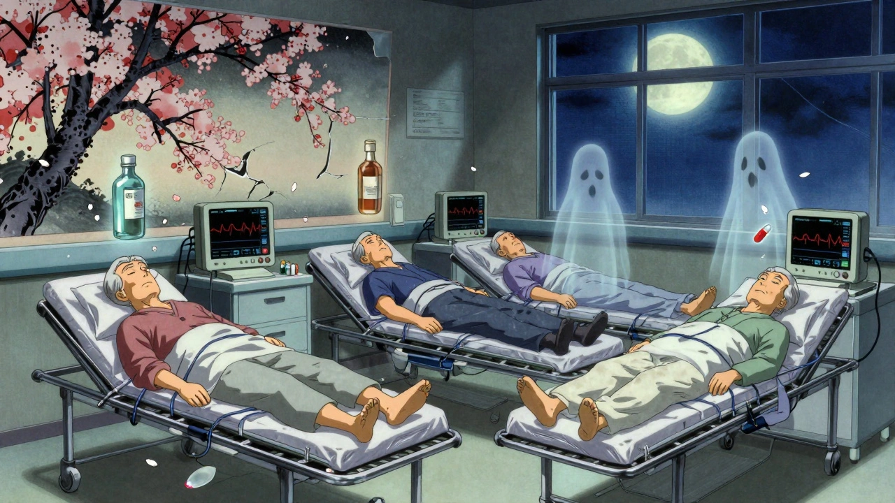 Three elderly patients unconscious in an ER, with floating alcohol and pill spirits above them under moonlight.