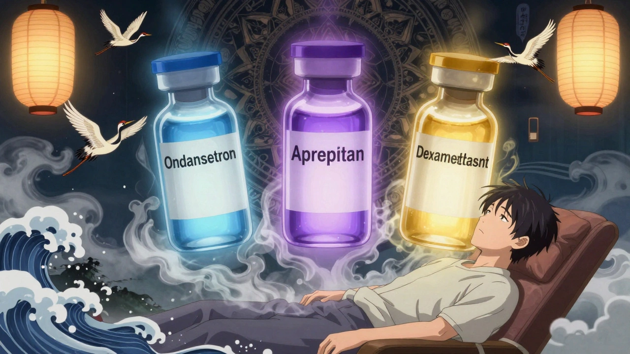 Three glowing vials form a protective mandala above a chemotherapy patient, cranes fly upward as nausea turns to mist.