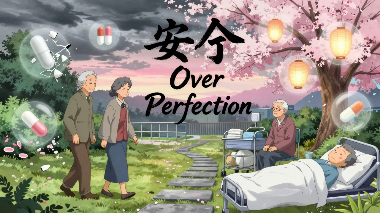 Three seniors in different settings are surrounded by glowing medication icons, with a calligraphic phrase &#039;Safety Over Perfection&#039; in the background.