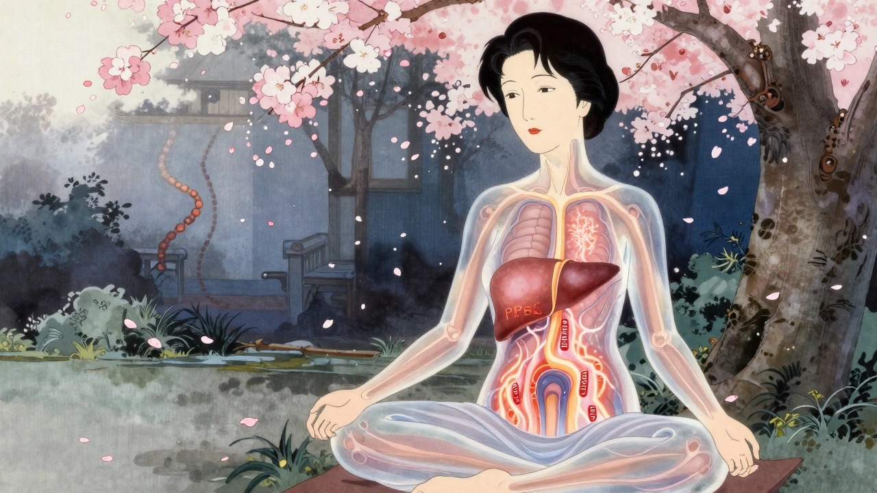 Transparent woman with glowing liver showing dual autoimmune attacks—PBC and AIH—against a cherry blossom garden backdrop.