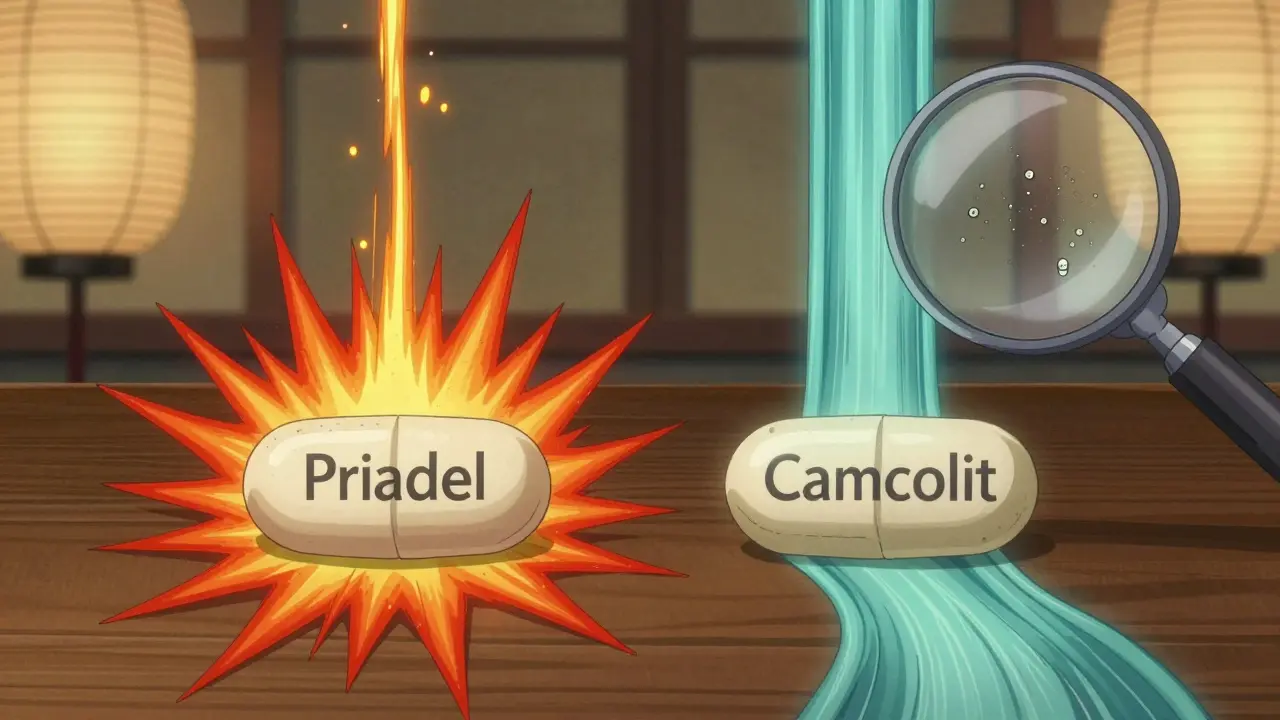 Two lithium pills releasing ions differently, one fast and violent, one slow and calm.