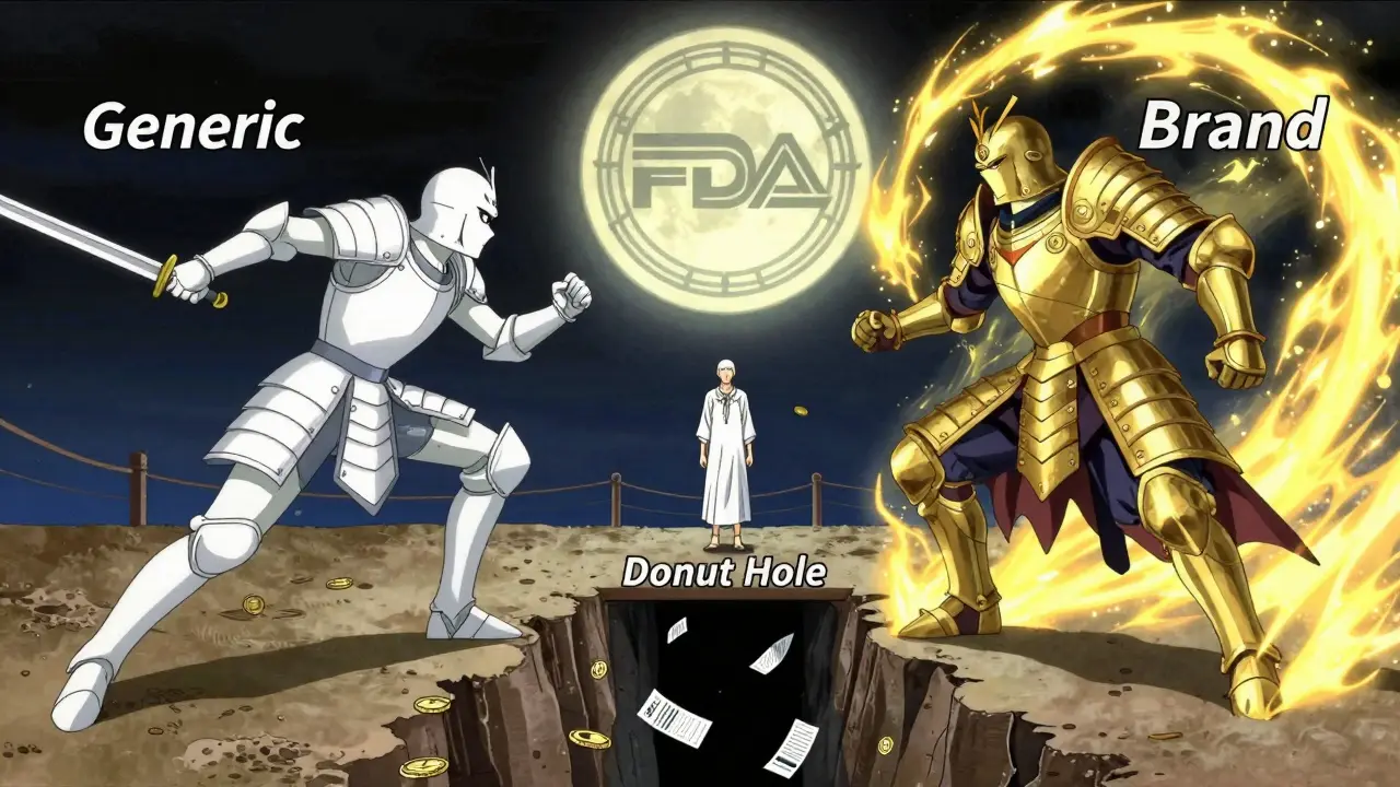 Two warrior figures representing generic and brand drugs battle as a patient walks a fragile bridge over a financial chasm.