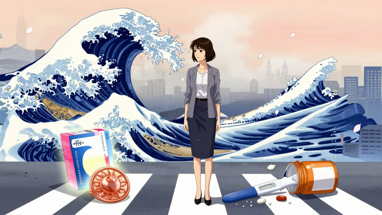 Woman at crossroads between safe contraception and pregnancy risk, ukiyo-e wave in background.