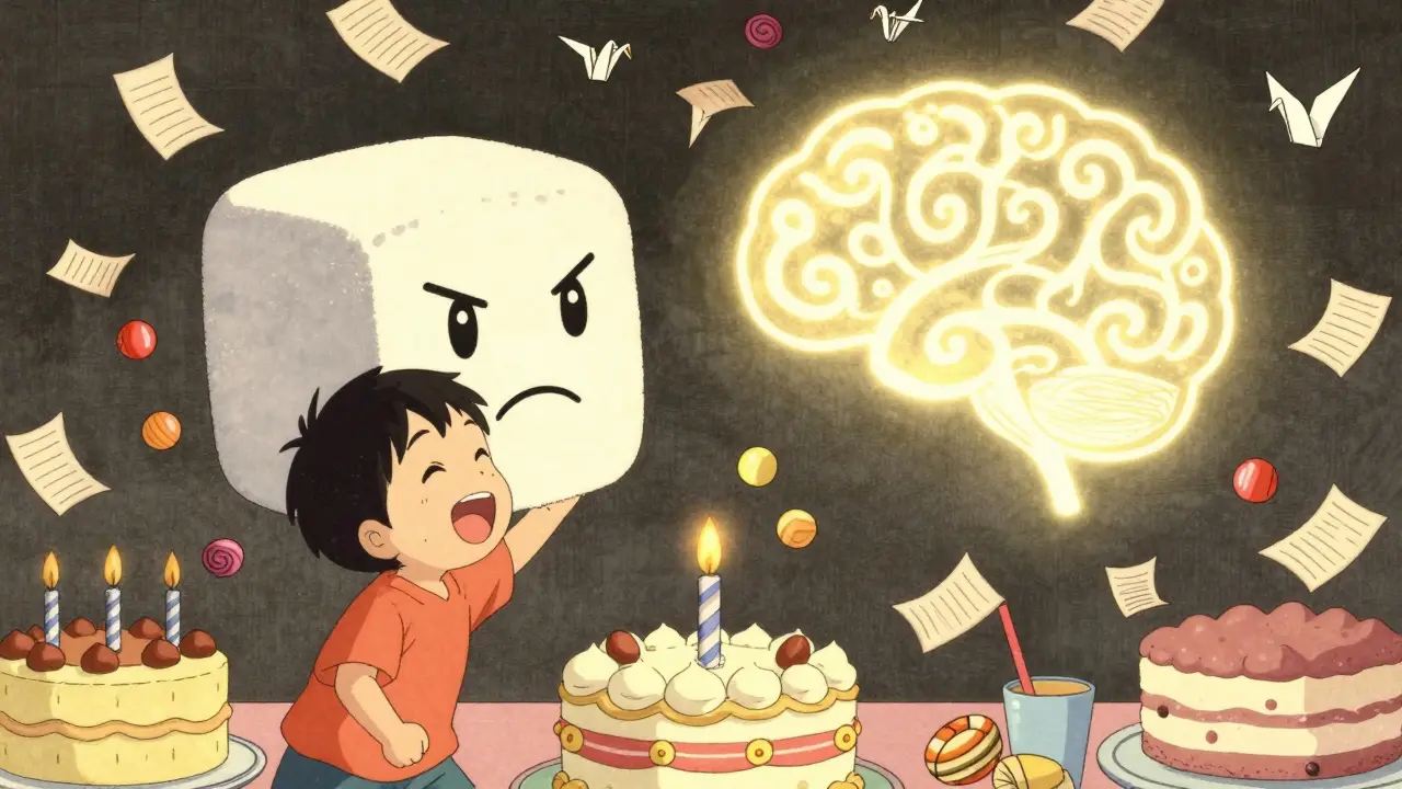 A child laughs at a party as a frowning sugar cube is pushed away by a glowing brain and floating study scrolls.