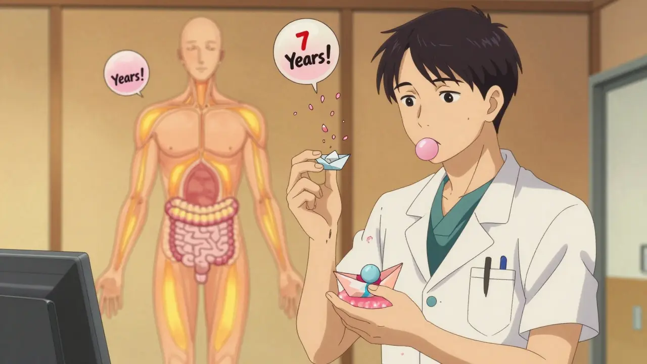 A doctor holds gum beside a glowing digestive tract, with myth bubbles dissolving into petals as heat escapes evenly from the body.