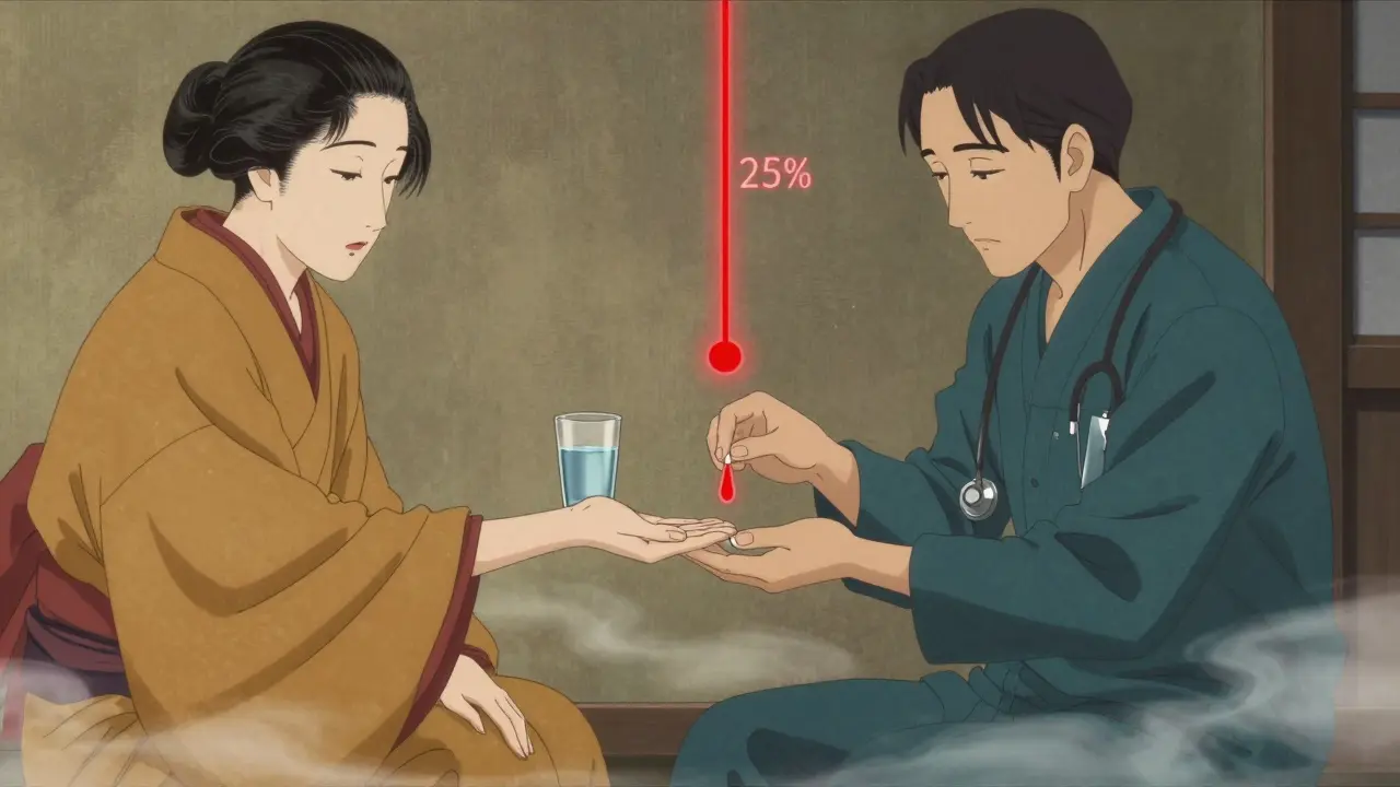 A doctor places a small dose of medicine in a patient's hand, with a glowing line showing tolerance dropping to 25%.