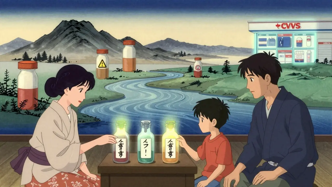 A family performs a morning label-check ritual with glowing hands and symbolic pill-shaped mountains in the background.