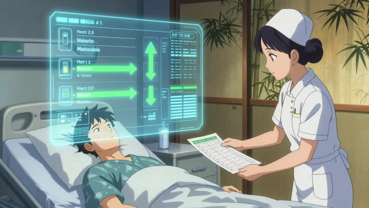 A holographic medication schedule projected above a patient’s bed, blending traditional Japanese art with modern AI health tech.