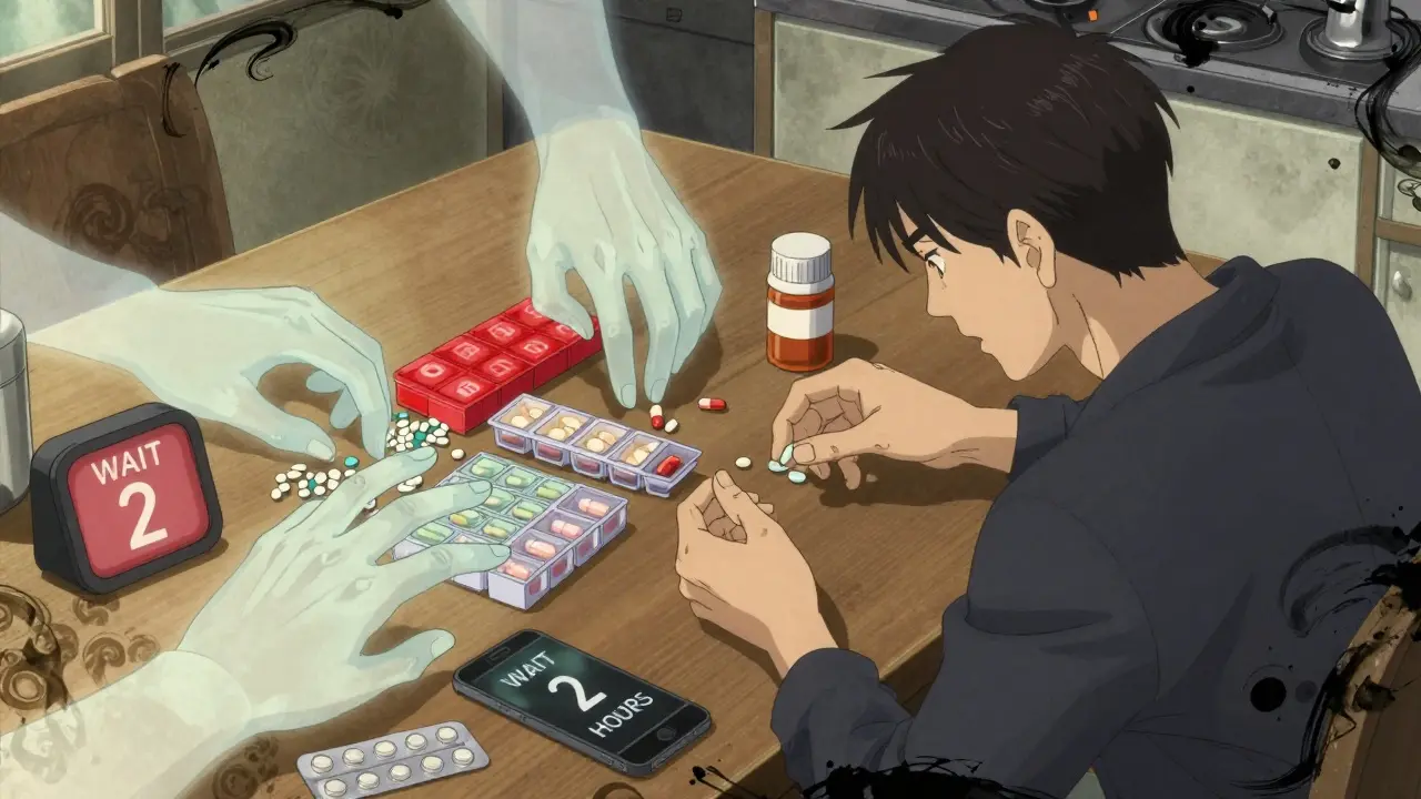 A man hesitating between antibiotic and antacid pills, with ghostly hands blocking interaction, surrounded by pill organizers and a phone alarm.