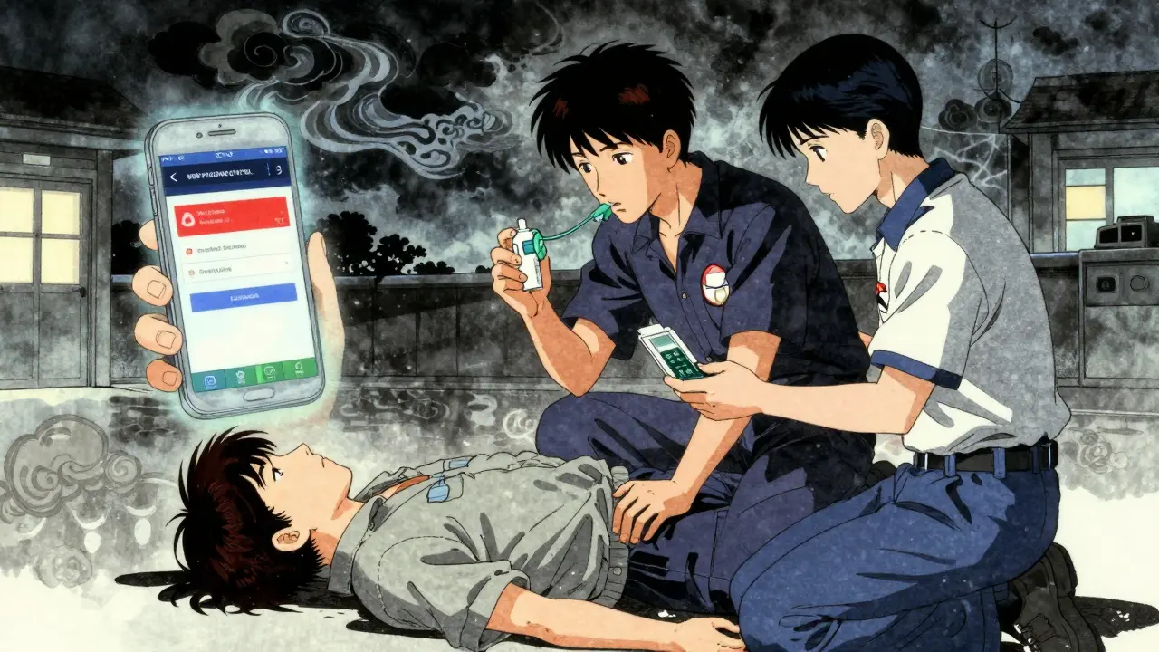 A paramedic administers Narcan to a revived overdose patient, smartphone showing poison control app warning.